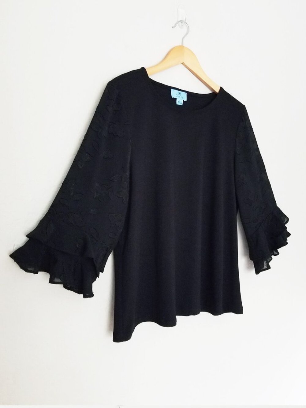 CeCe Black Floral Jacquard Chiffon Tiered Ruffle Sleeve Mix Media Blouse Top L - Picture 15 of 15